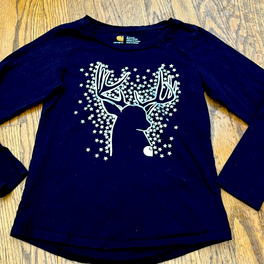 Carhartt girls black long sleeve shirt deer head silver shining star print 8